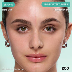 Almay foundation before and after split-face showing visible blemish coverage and tone evening