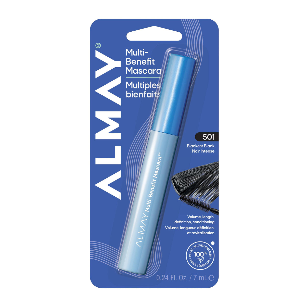 Almay front packaging of 501 Blackest Black showing bold tube and product benefit