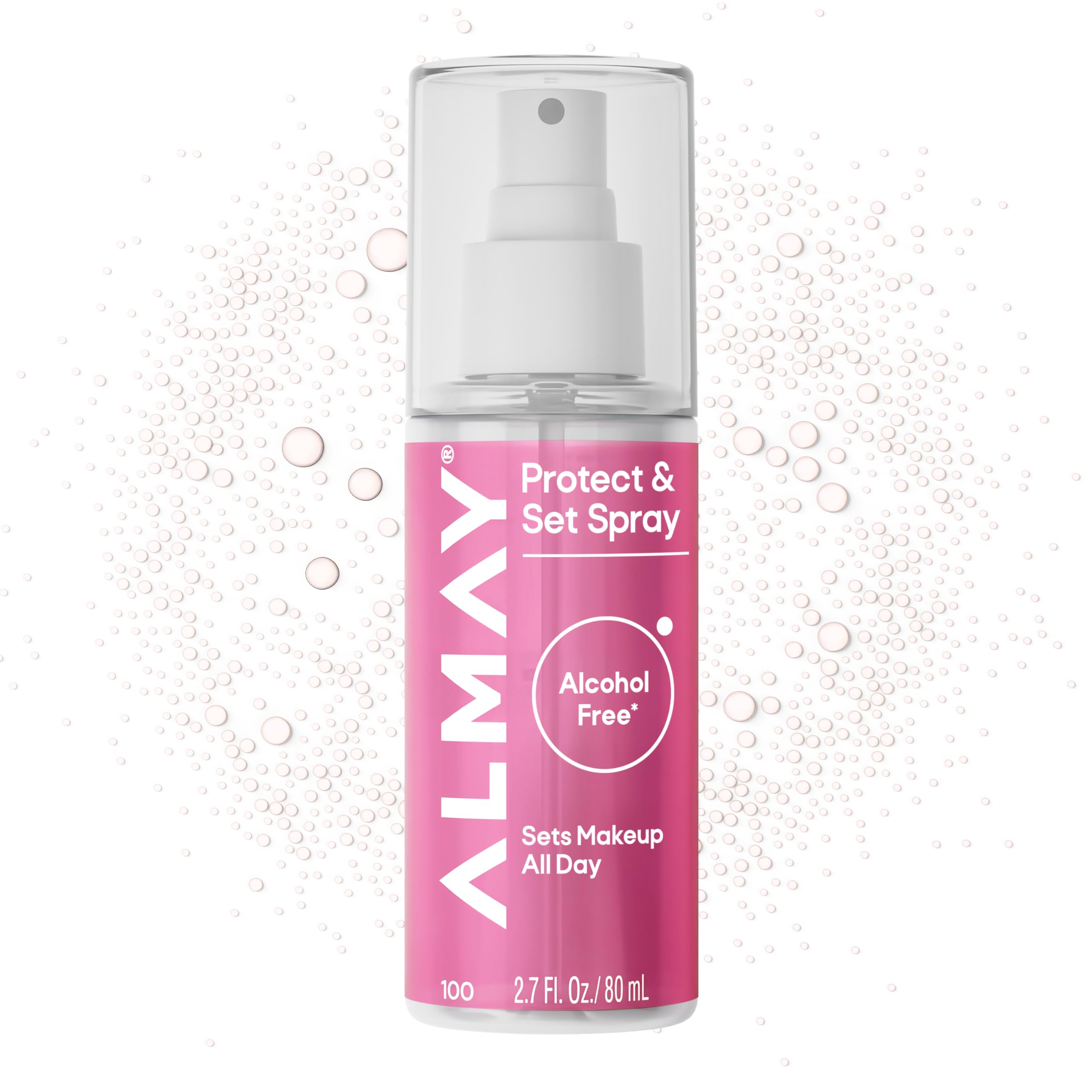 Almay front packaging showing Protect & Set Spray, convenient on-the-go