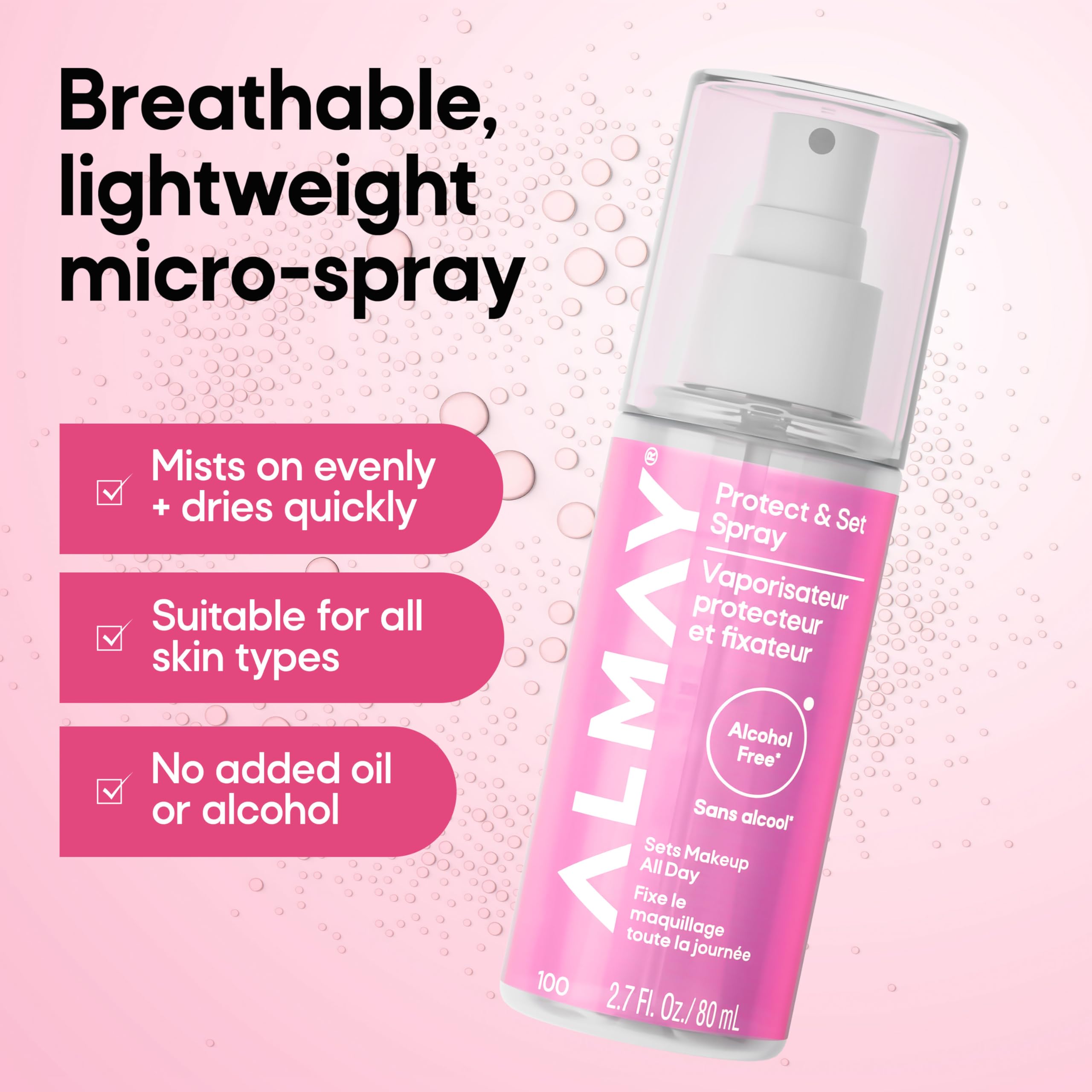 Almay label close-up stating vegan and alcohol-free finishing spray