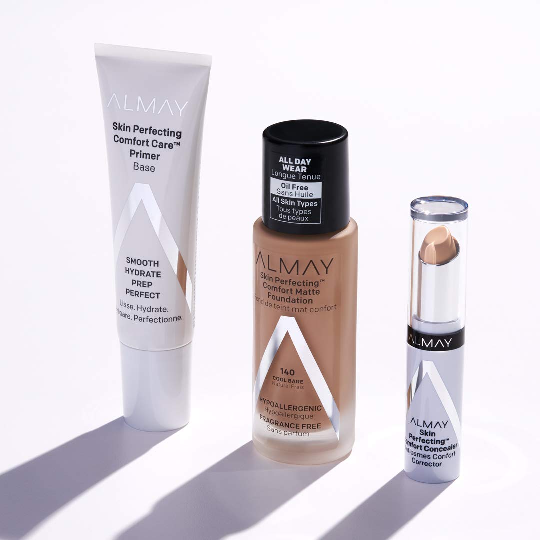 Almay on model in natural light showing matte, comfortable complexion result