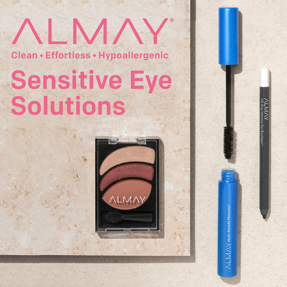 Almay lifestyle shot of model wearing mascara and eyeliner for defined eyes