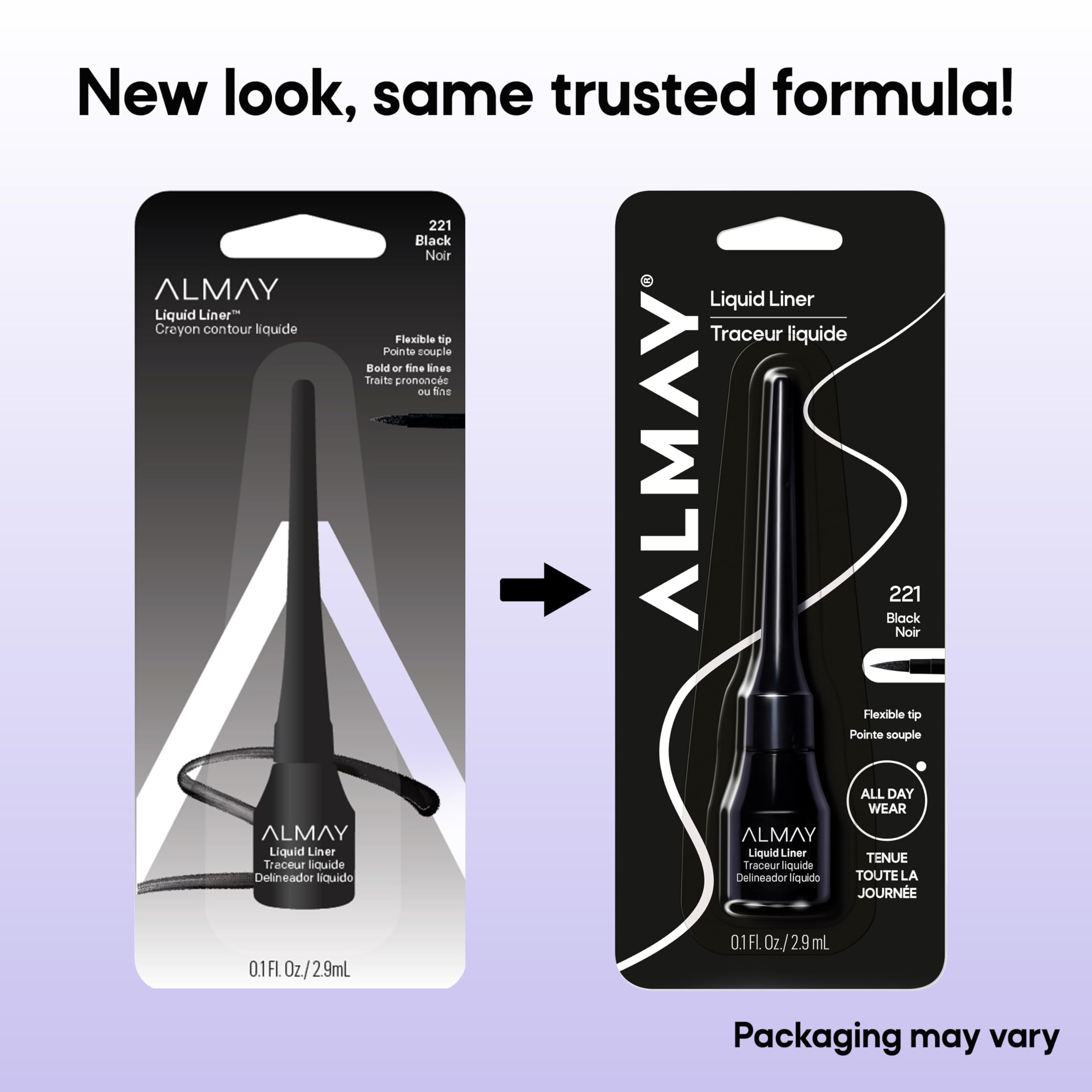 Almay eyeliner in a makeup bag lifestyle shot showing portability and everyday readiness