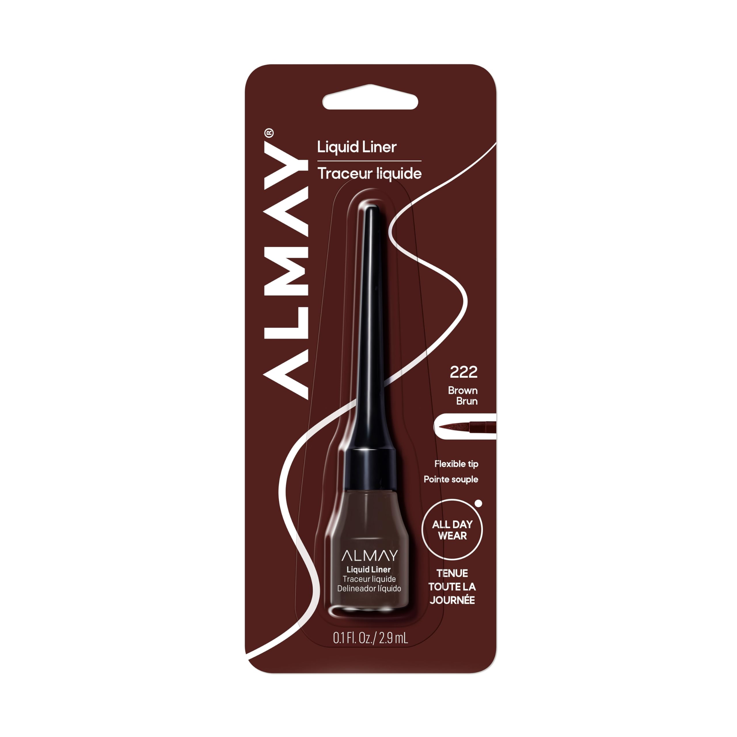 Almay liquid liner 222 Brown front packaging shows product and benefits