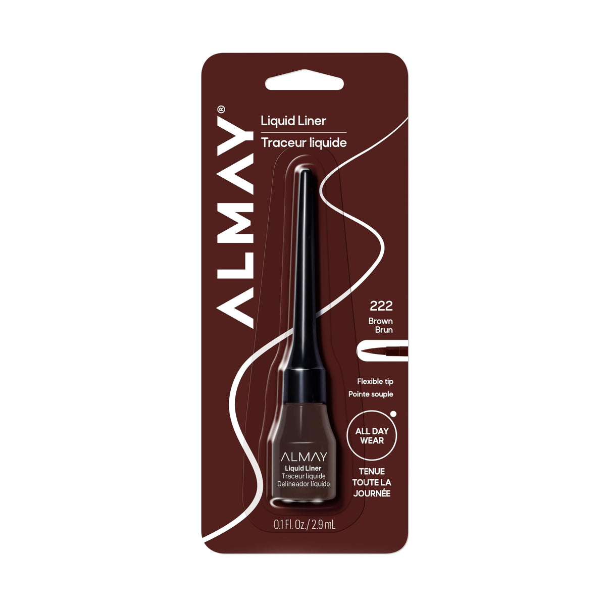 Almay liquid liner 222 Brown front packaging shows product and benefits