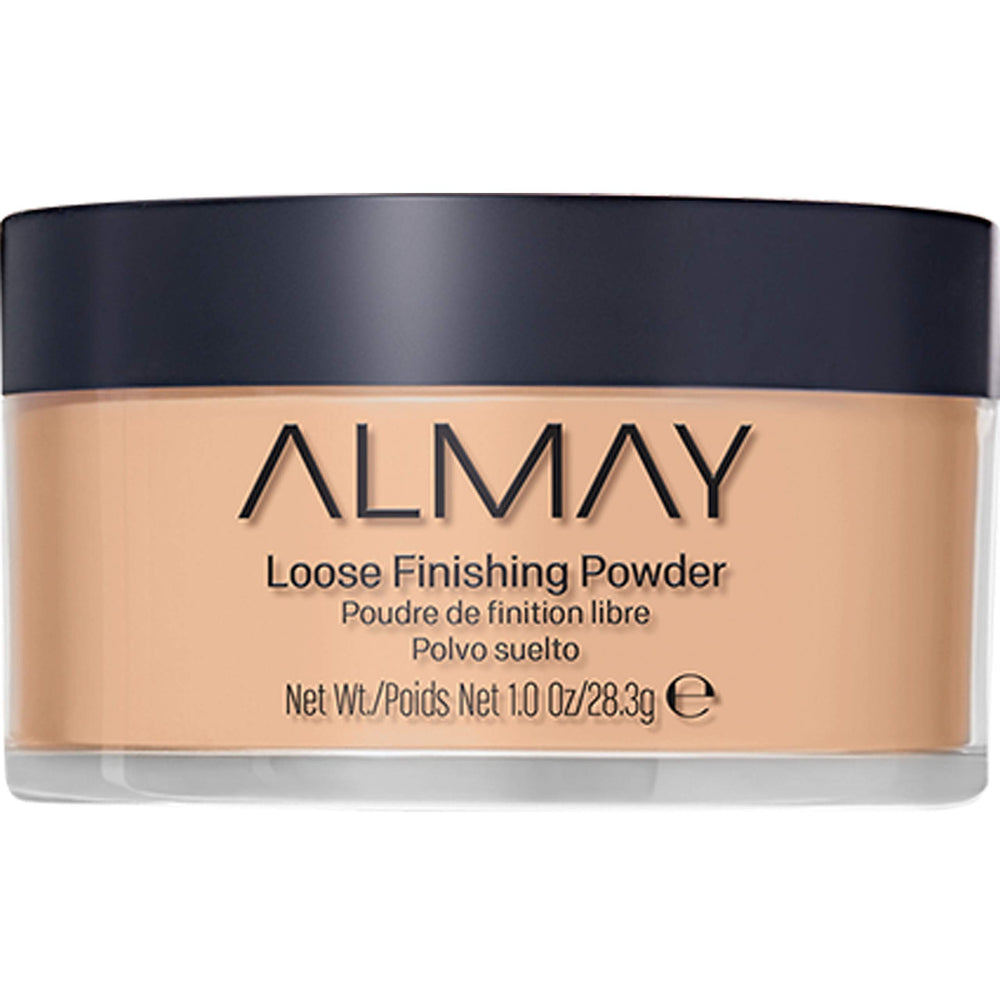 Almay front packaging of loose finishing powder showing shade and clean branding benefit of clear choice