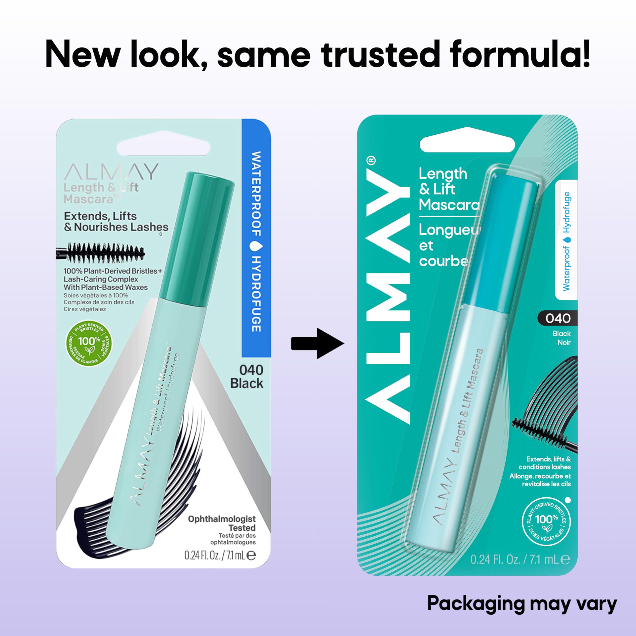 Almay mascara packaging showing recycled material label and clean ingredients