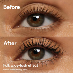 Almay mascara wand beside tube highlighting no-clump applicator benefit