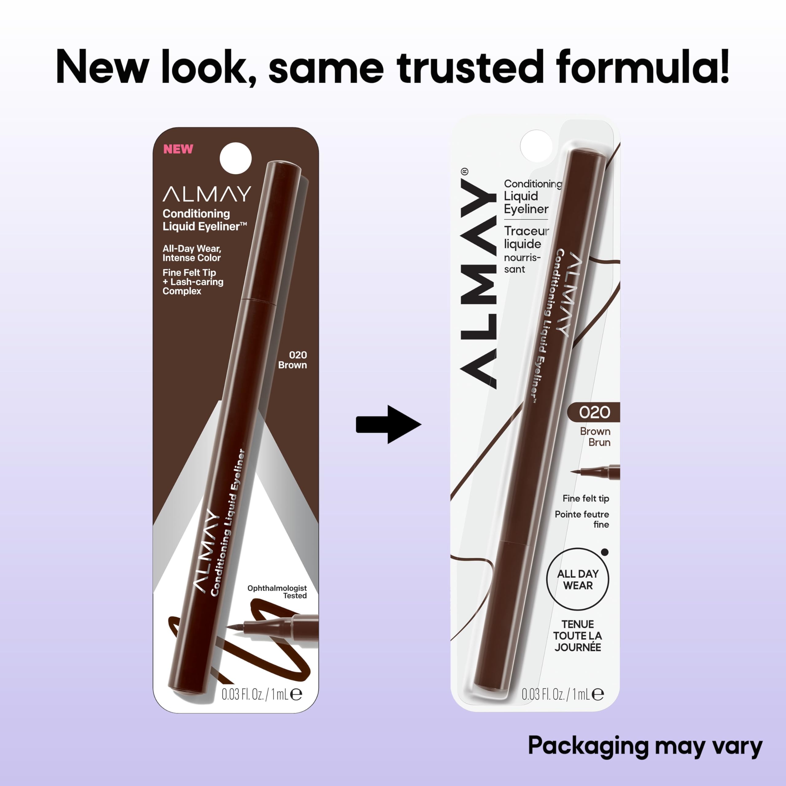 Almay model applying winged eyeliner demonstrating smooth, controlled application benefit