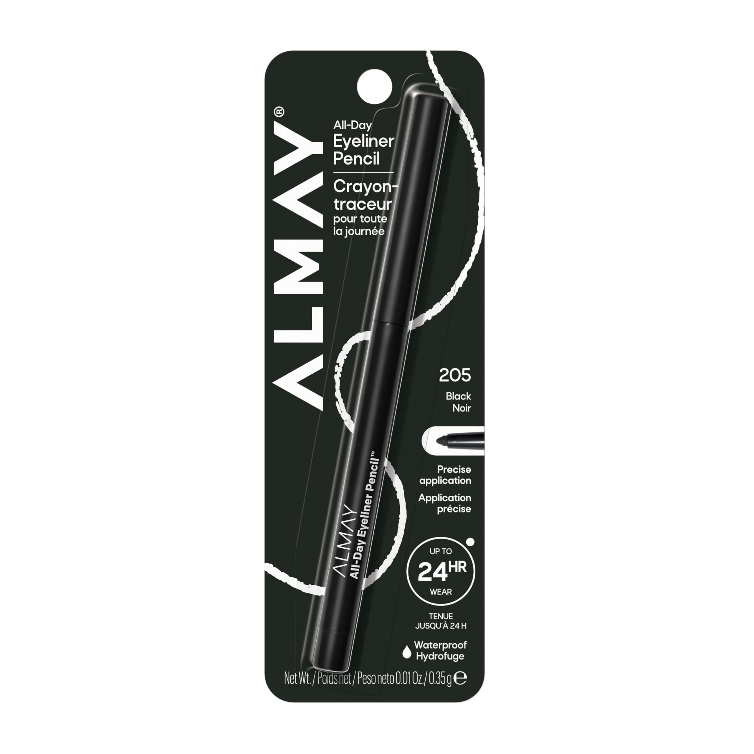 Almay All-Day Eyeliner Pencil front view showing sleek black finish and clear labeling