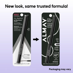 Almay pencil beside a coin to show compact 0.01 oz size for travel-friendly use