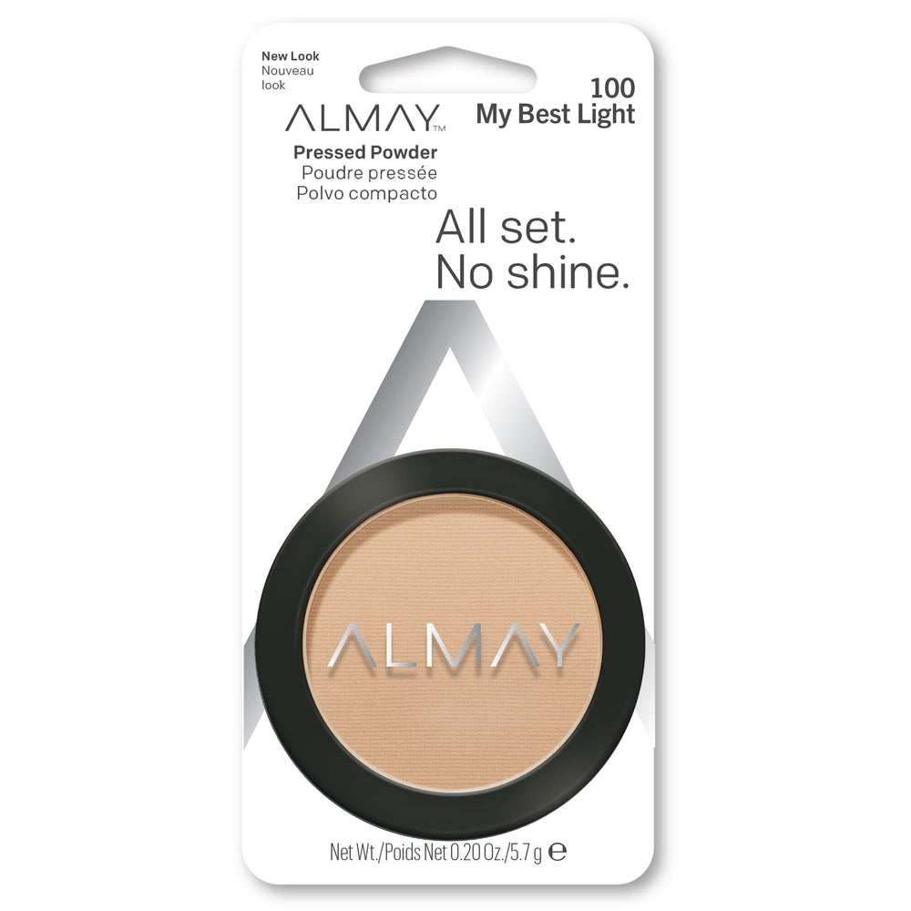 Almay pressed powder front compact showing product branding and compact shape benefit