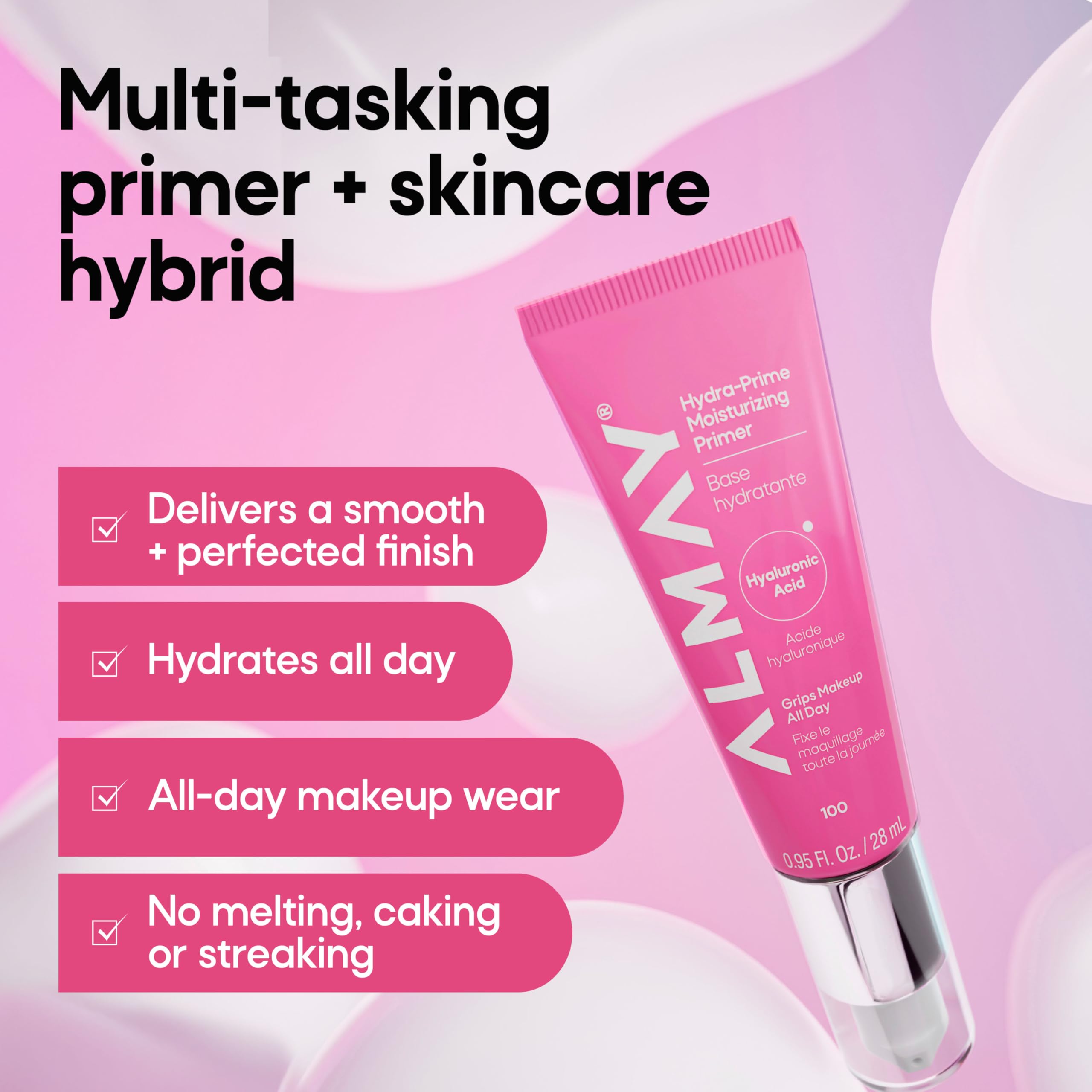 Almay primer pump close-up highlighting dispenser for controlled product use