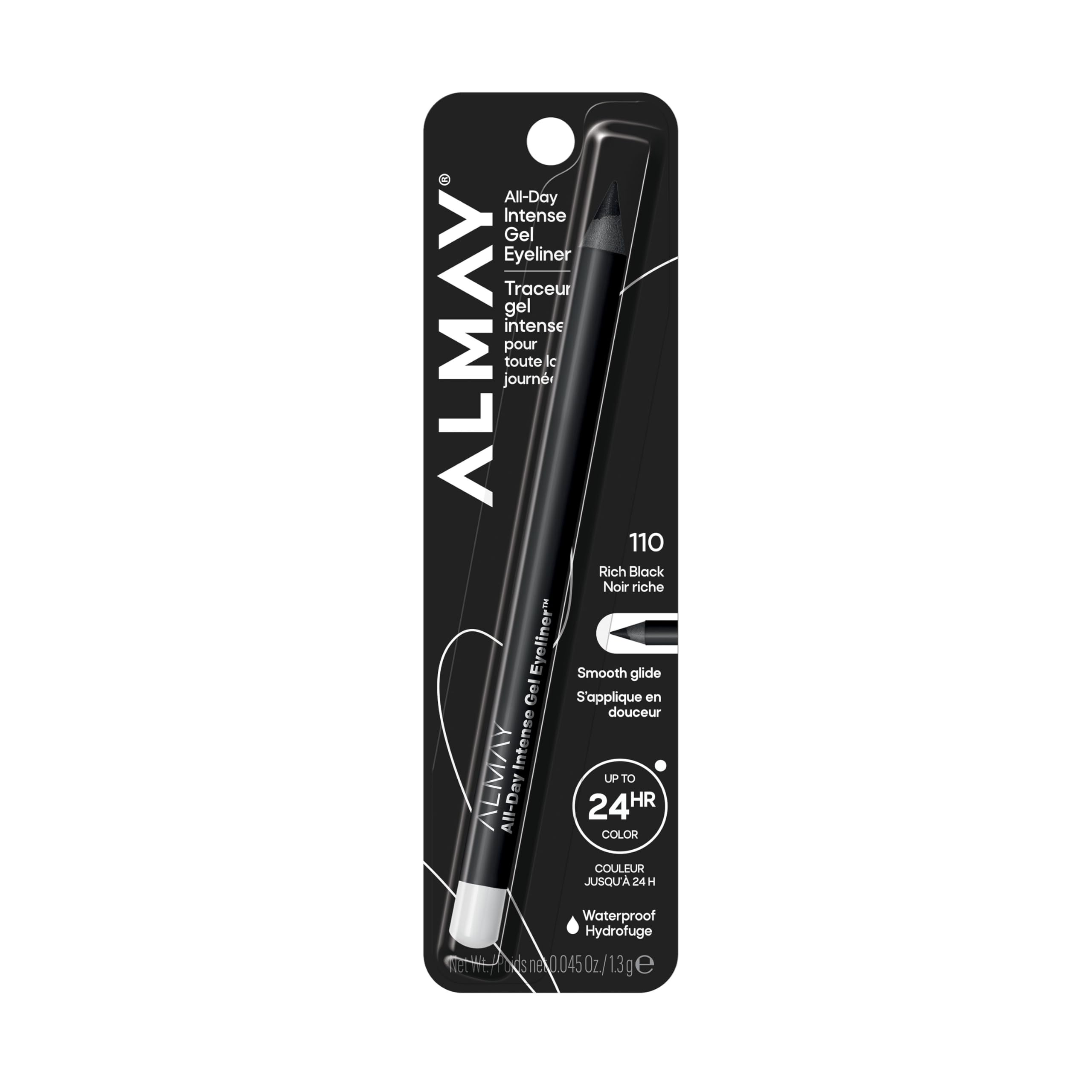 Almay all-day intense gel eyeliner front packaging showing product name and shade