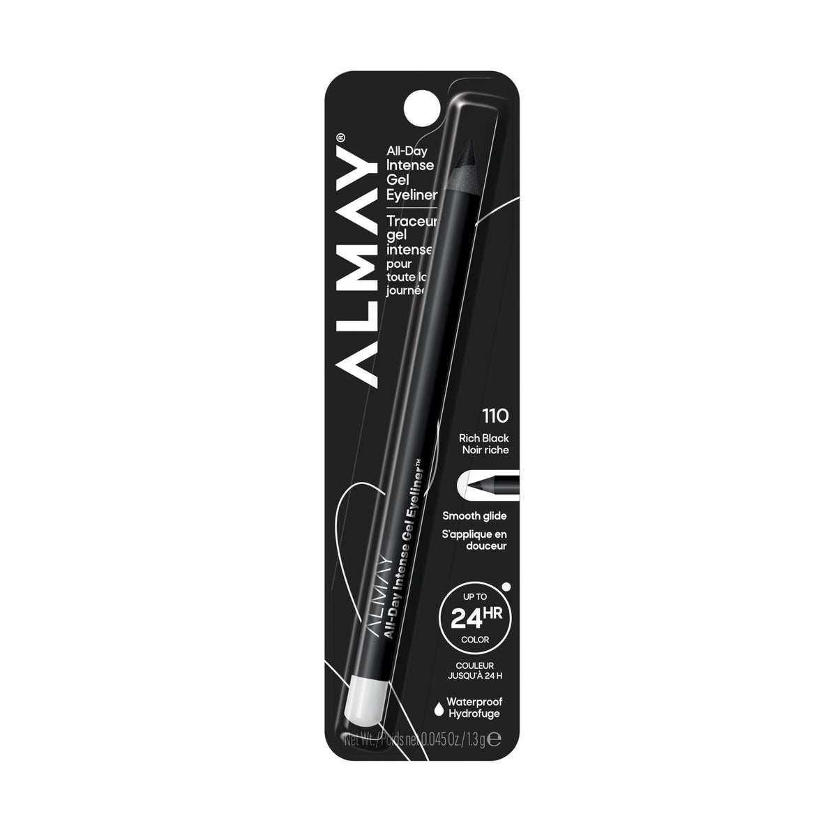 Almay all-day intense gel eyeliner front packaging showing product name and shade