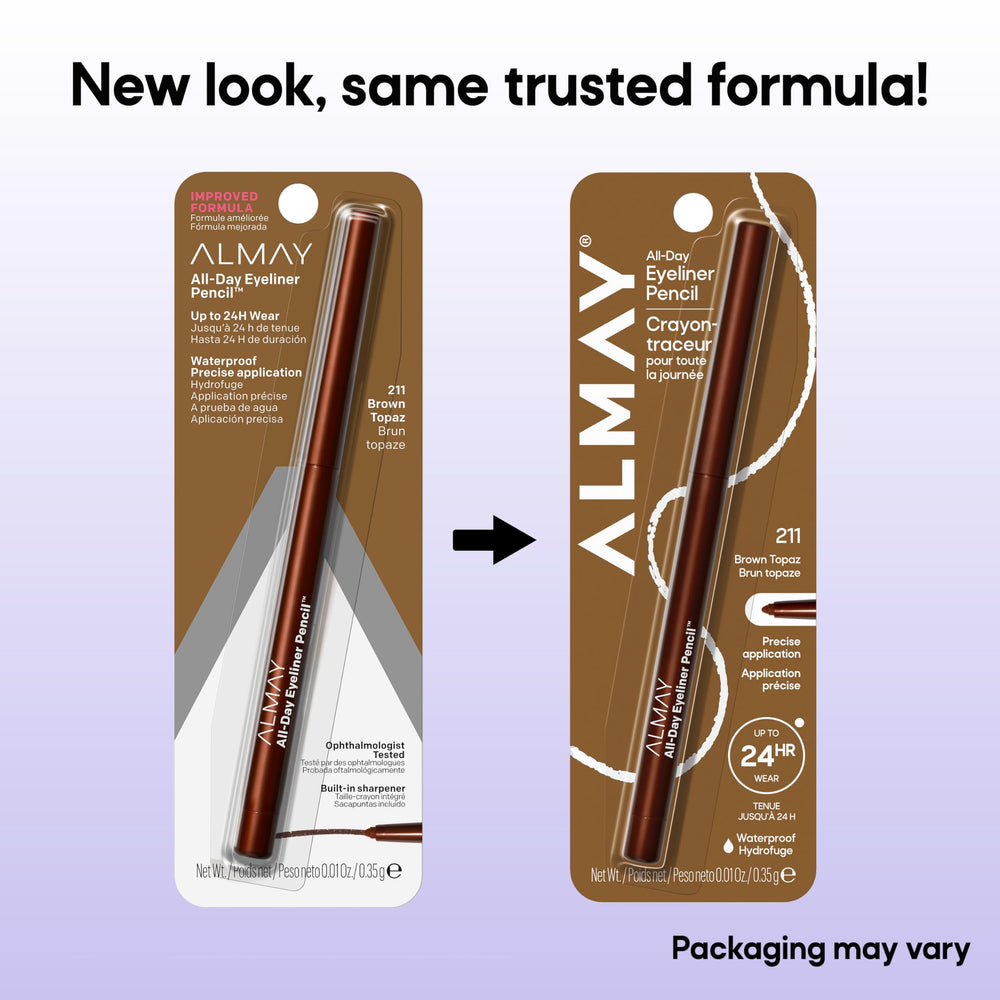 Almay pencil next to ruler showing compact travel size benefit