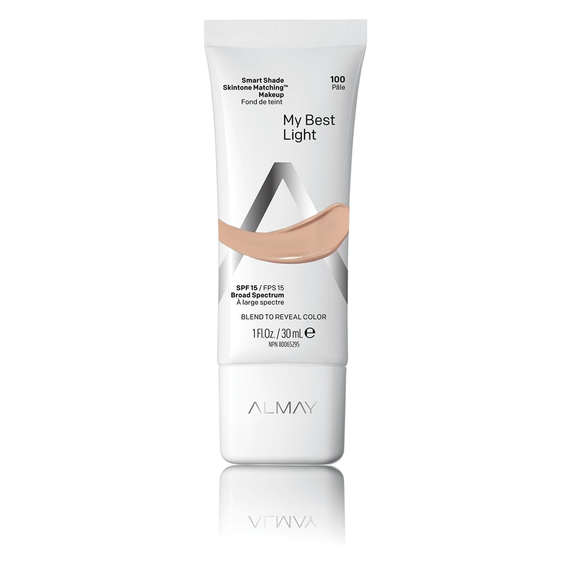 Almay Smart Shade front packaging showing pump and product, blends to match skin