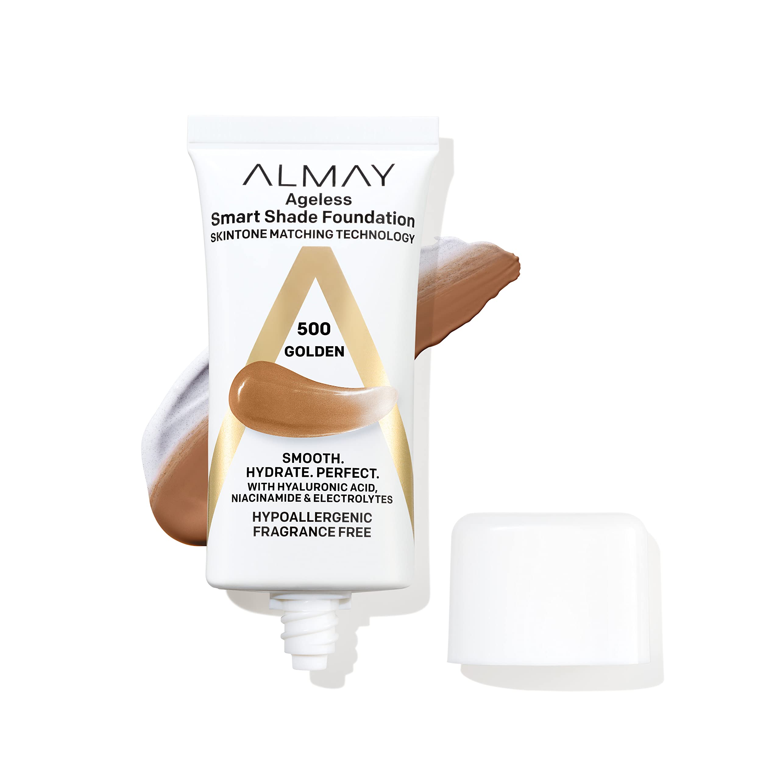 Almay front packaging showing shade 500 Golden and product benefit seamless match
