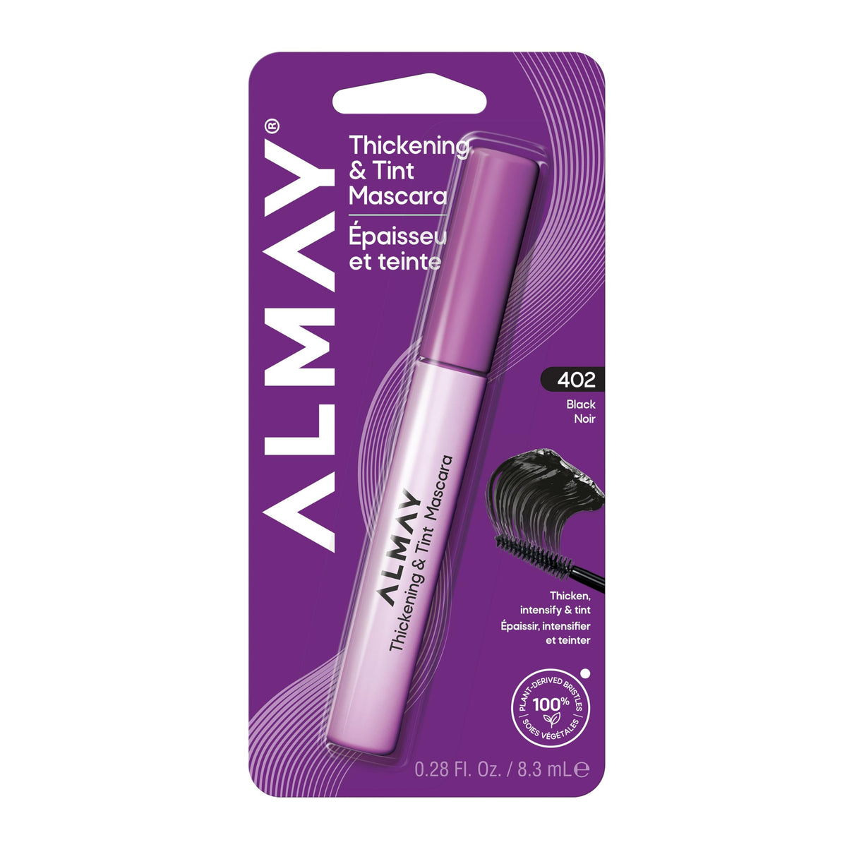 Almay mascara front shot shows sleek tube and clear brand benefit