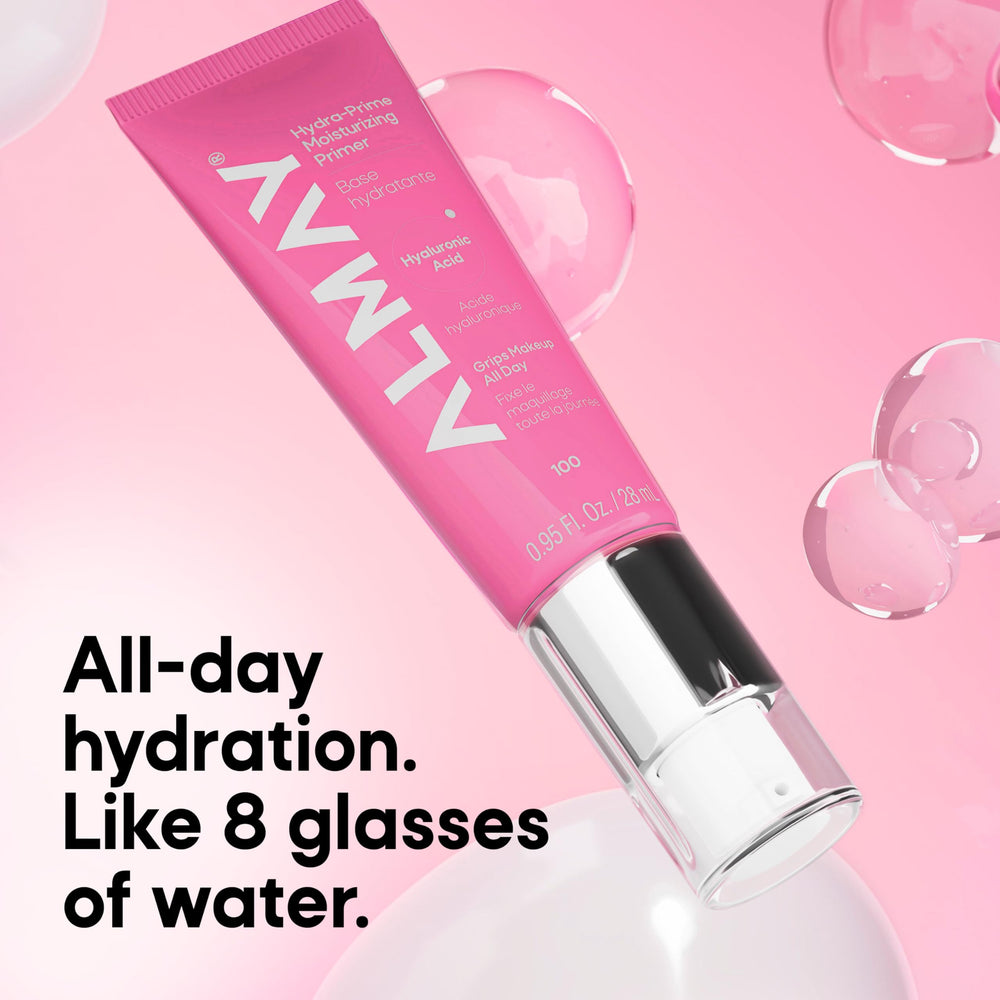 Almay primer staged with makeup flatlay illustrating longer-lasting foundation benefit
