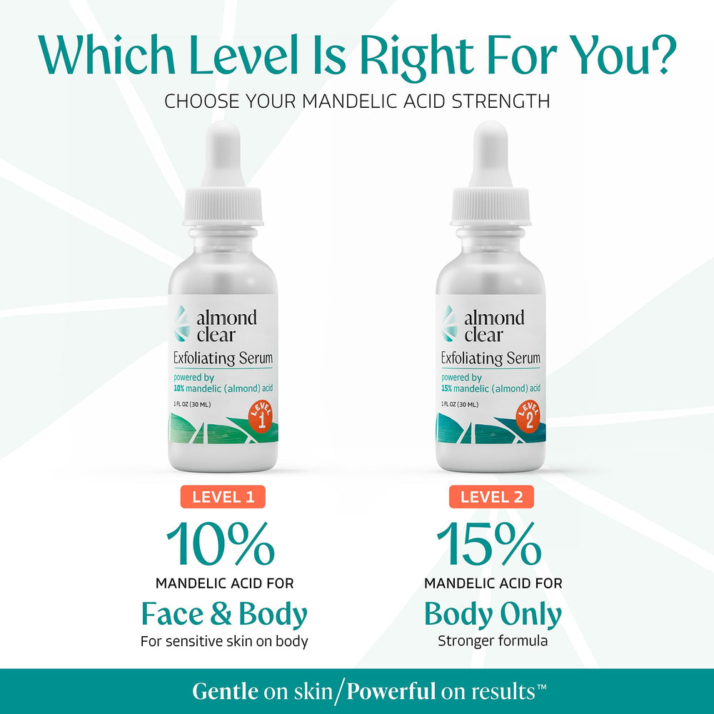 Almond Clear 4 oz bottle beside 1 oz bottle highlighting cost-saving, longer supply