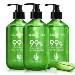 Aloderma pump bottle front view showing organic aloe and easy dispensing benefit