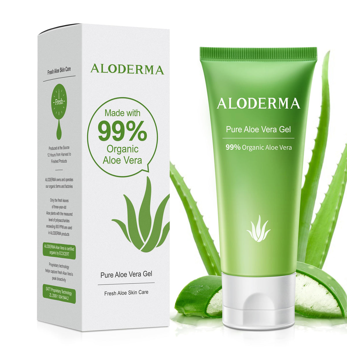 Aloderma front tube packaging showing brand and travel-sized benefit