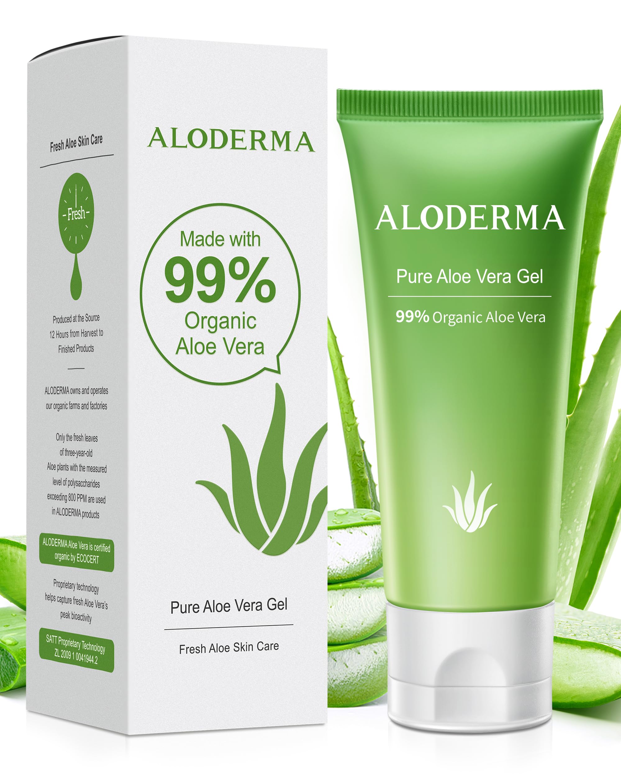 Aloderma tube front view showing organic aloe benefits