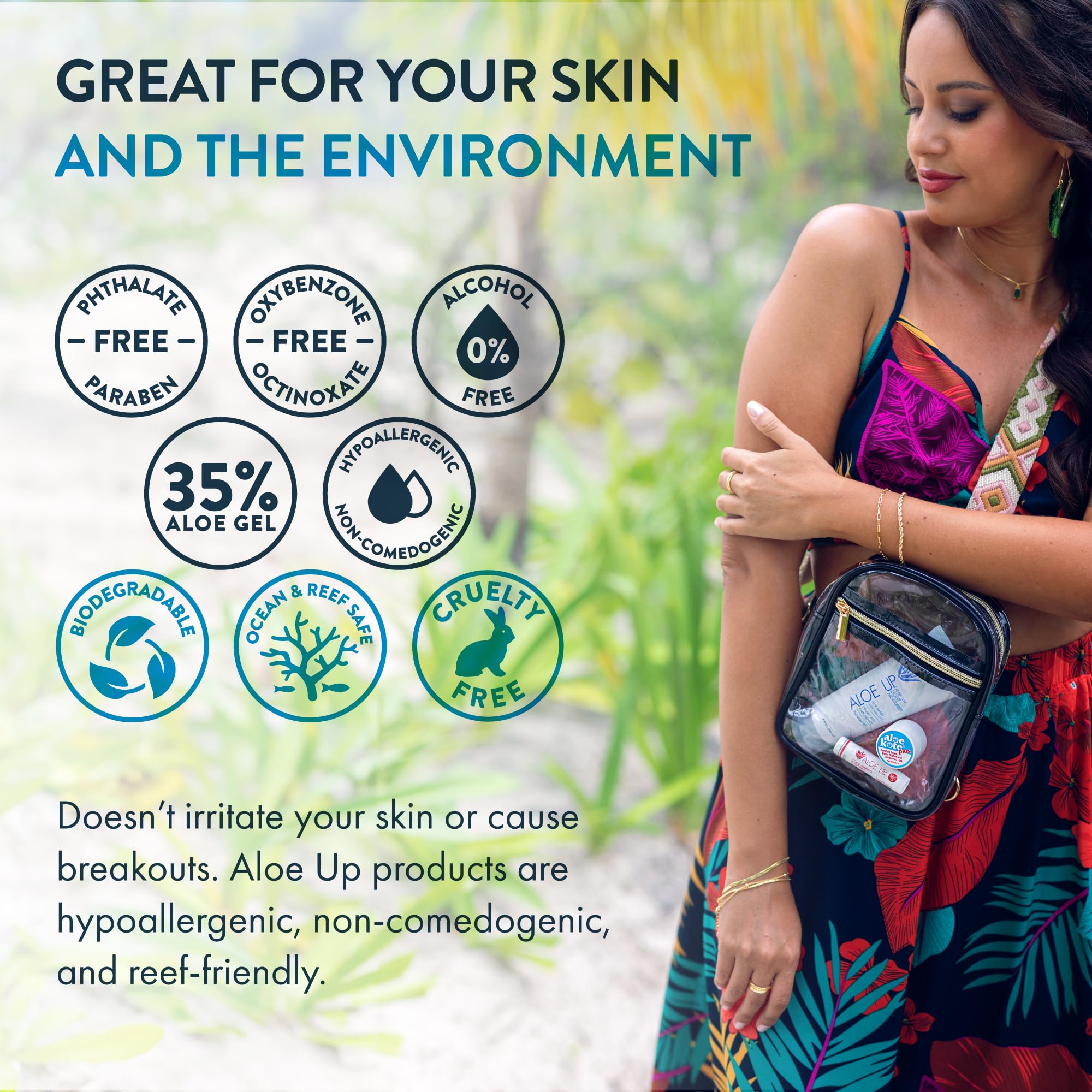 ALOE UP bottle next to a coin showing compact 4 oz travel-friendly size benefit
