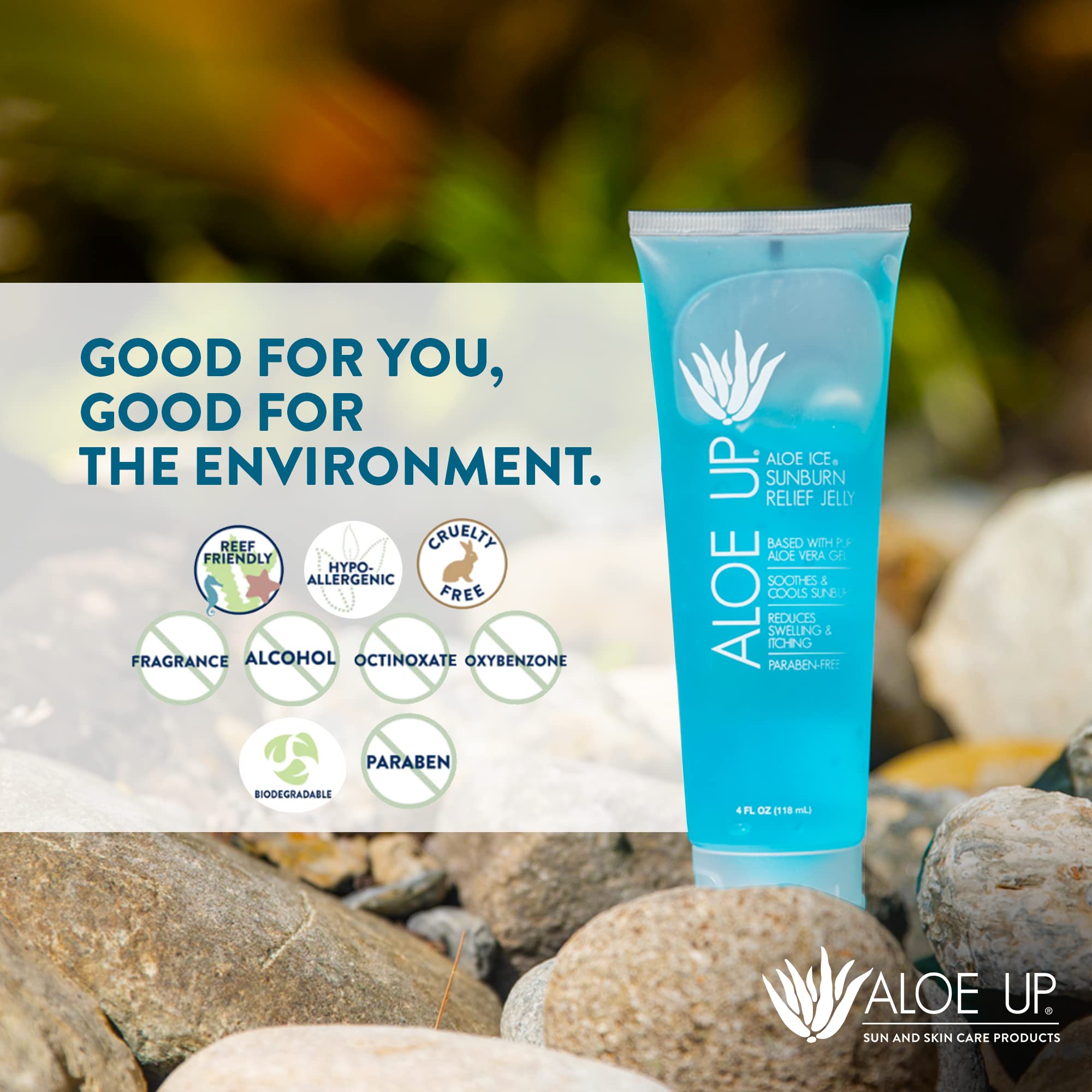 ALOE UP label and ingredients panel emphasizing 96.6% aloe and alcohol-free formula