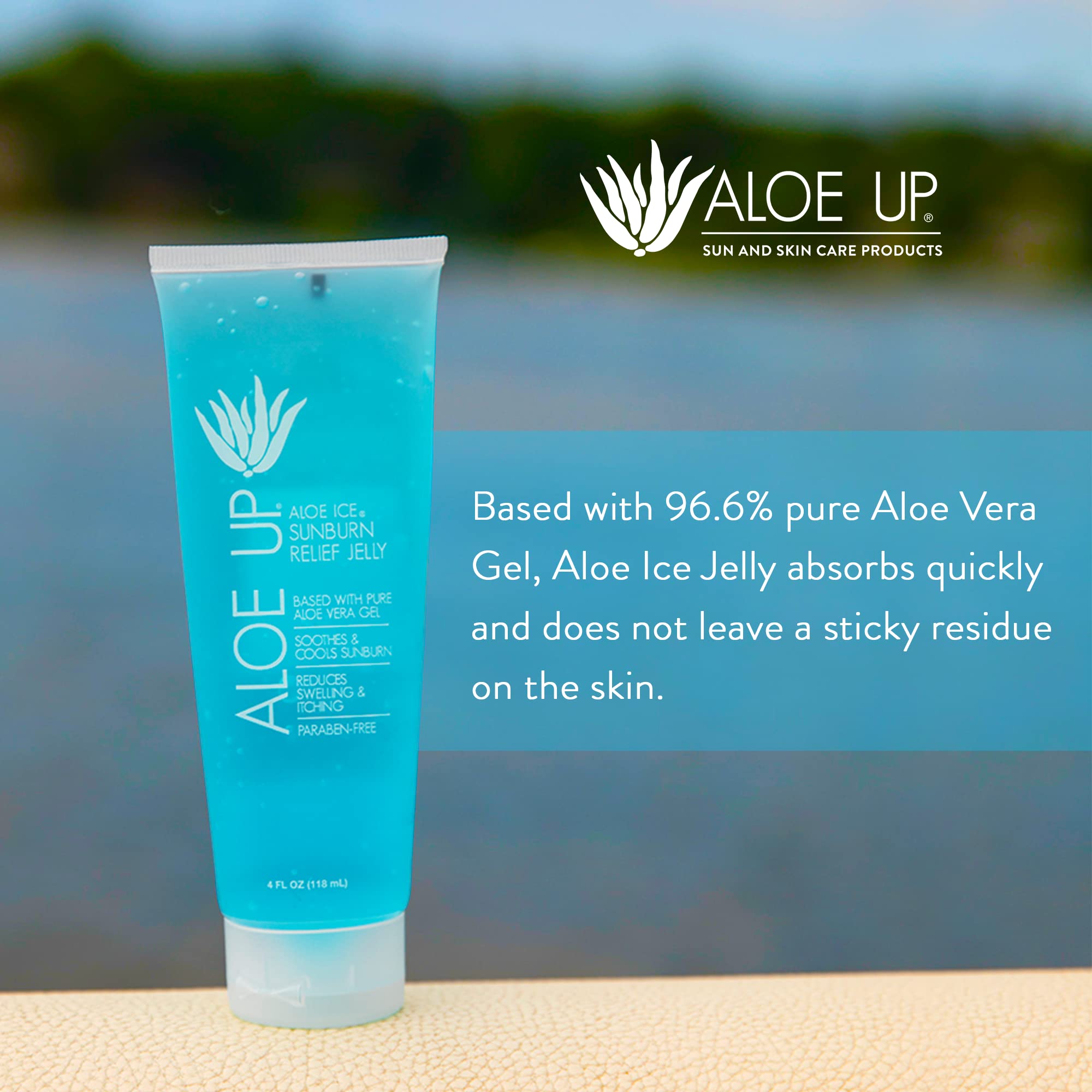 ALOE UP tube beside common items showing 4 oz scale for travel-friendly convenience