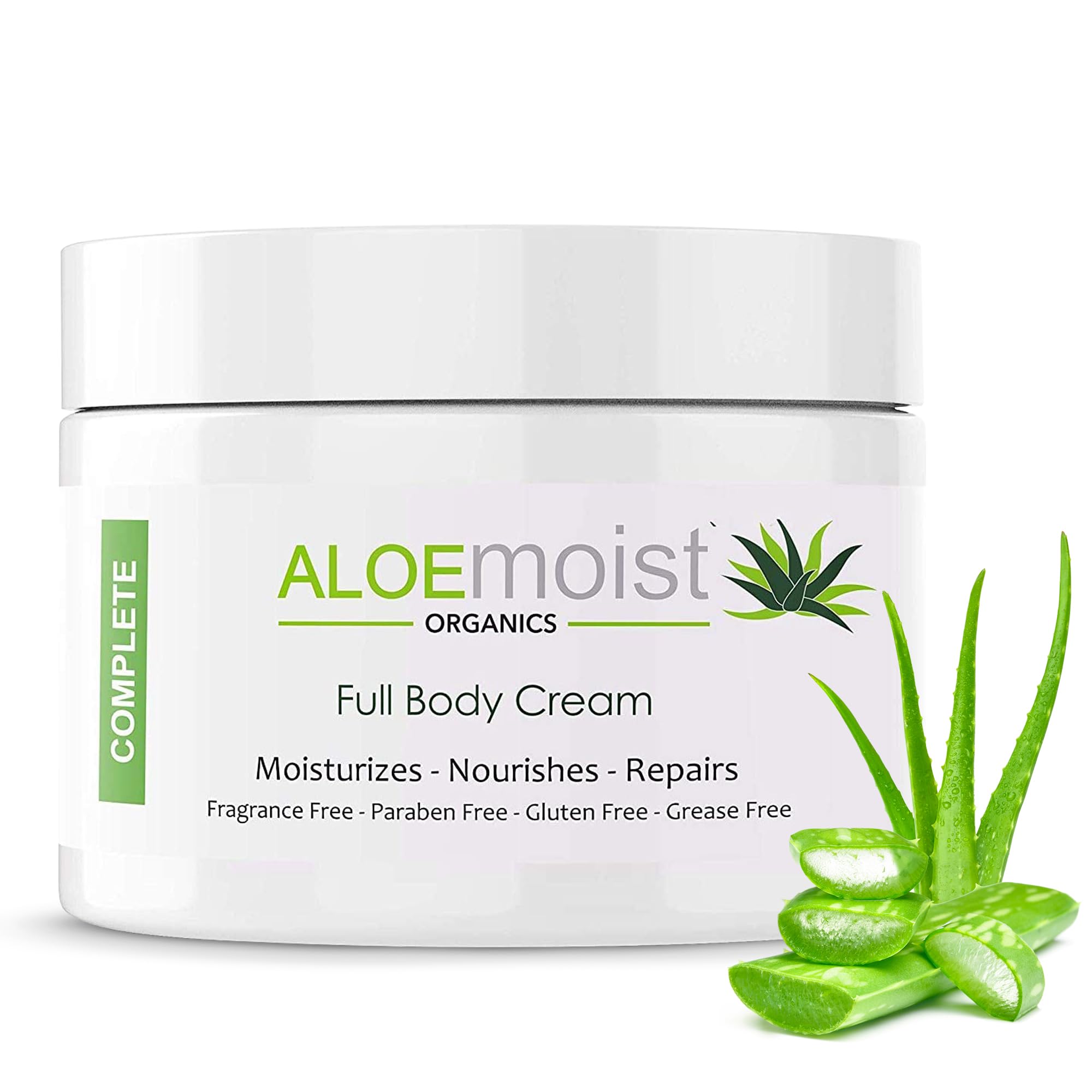 AloeMoist front jar view showing clean design and moisture benefits