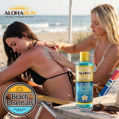 Aloha Sun label closeup highlighting aloe and green tea botanicals