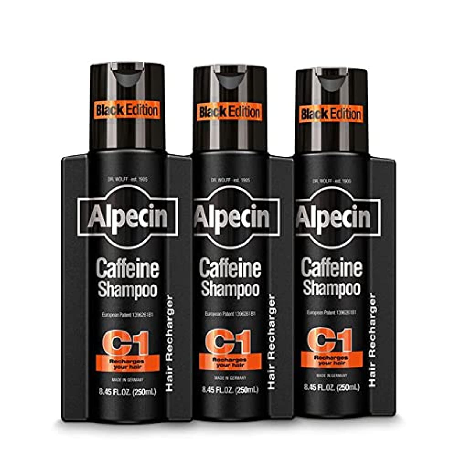 Alpecin C1 Black Edition front bottle showing label and bold design benefits thicker-looking hair