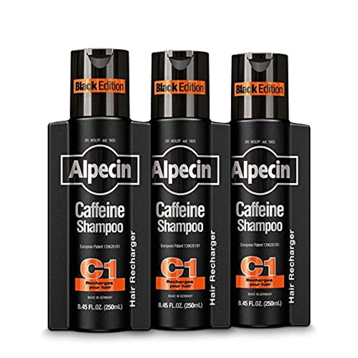 Alpecin C1 Black Edition front bottle showing label and bold design benefits thicker-looking hair