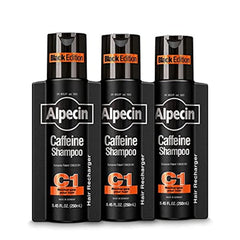 Alpecin C1 Black Edition front bottle showing label and bold design benefits thicker-looking hair