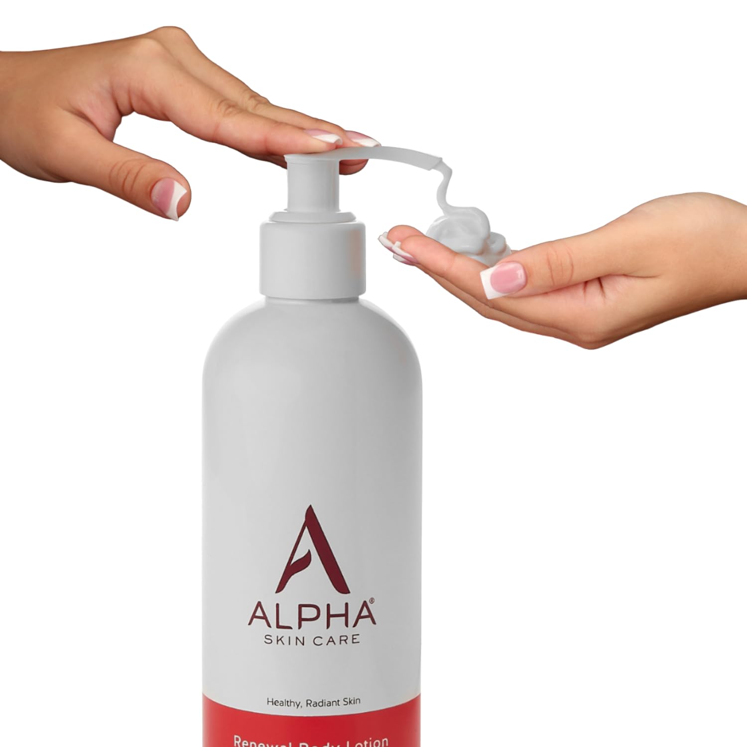 Alpha applying lotion to leg in bathroom, illustrates hydration plus gentle exfoliation