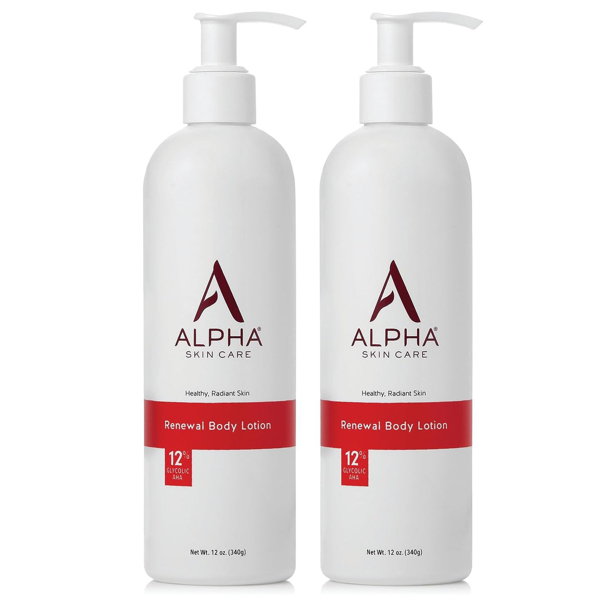 Alpha front packaging showing 12% glycolic AHA and two 12 oz bottles, conveys effective exfoliation
