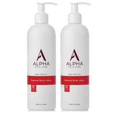 Alpha front packaging showing 12% glycolic AHA and two 12 oz bottles, conveys effective exfoliation
