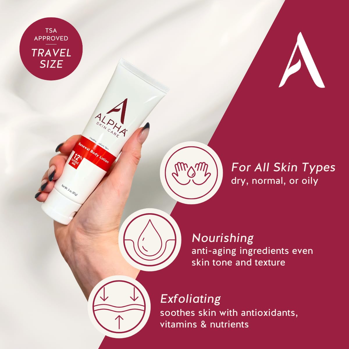 Alpha lotion texture close-up displaying smooth consistency and fast absorption benefits