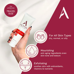 Alpha lotion texture close-up displaying smooth consistency and fast absorption benefits