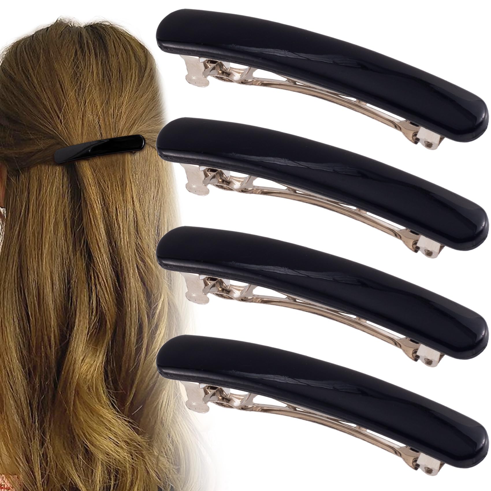 Alpinleux front view of four black barrettes showing neat compact pack and simple style benefit