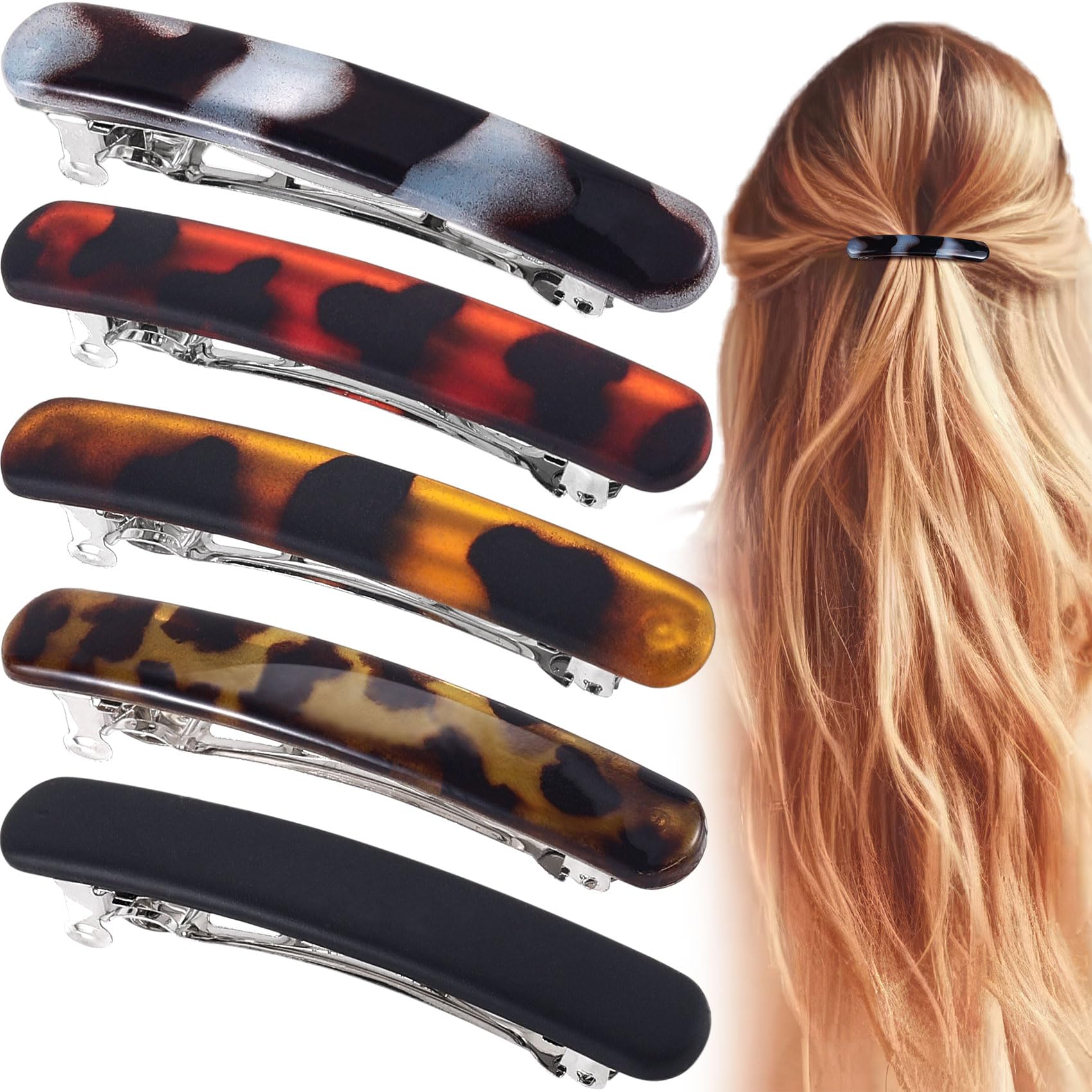 Alpinleux front view showing five mixed-style barrettes, neat everyday accessorizing