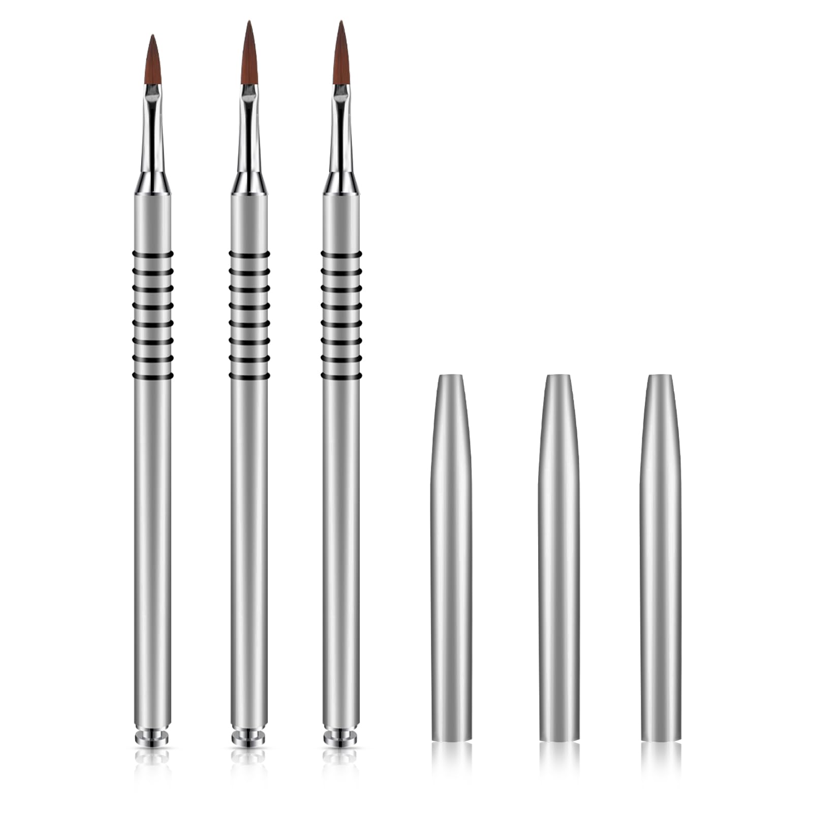 Alrhso front view of three-piece brush set showing silver finish and packaging, professional kit benefit