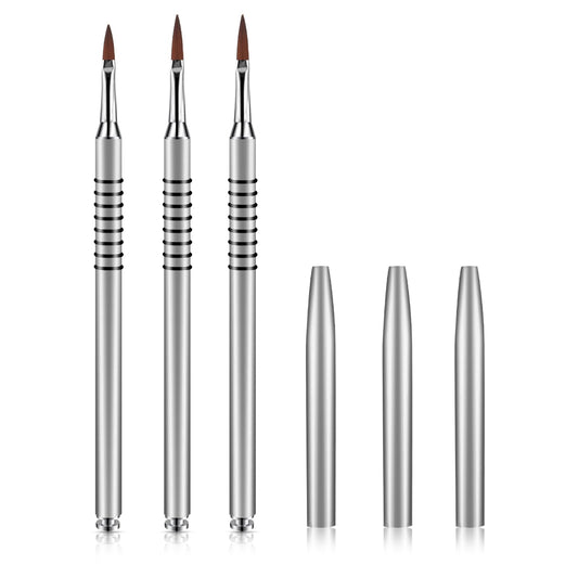 Alrhso front view of three-piece brush set showing silver finish and packaging, professional kit benefit