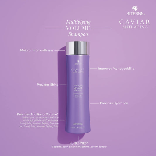 Alterna CAVIAR shampoo pour close-up illustrating lightweight formula and easy application