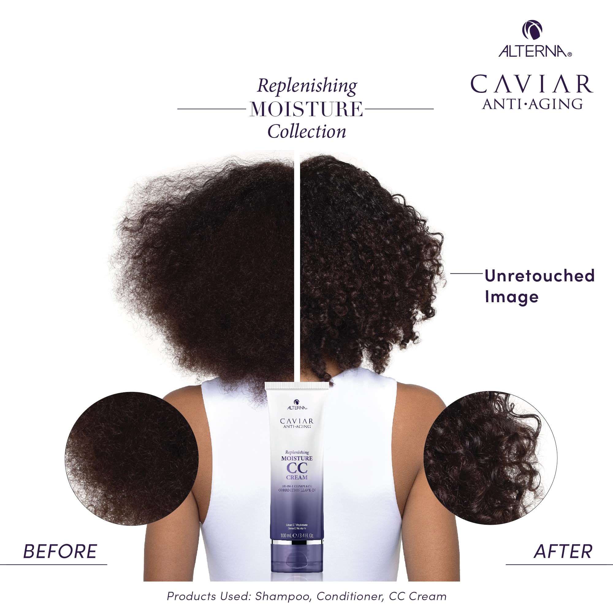 Alterna Caviar styling before and after showing reduced breakage and shine