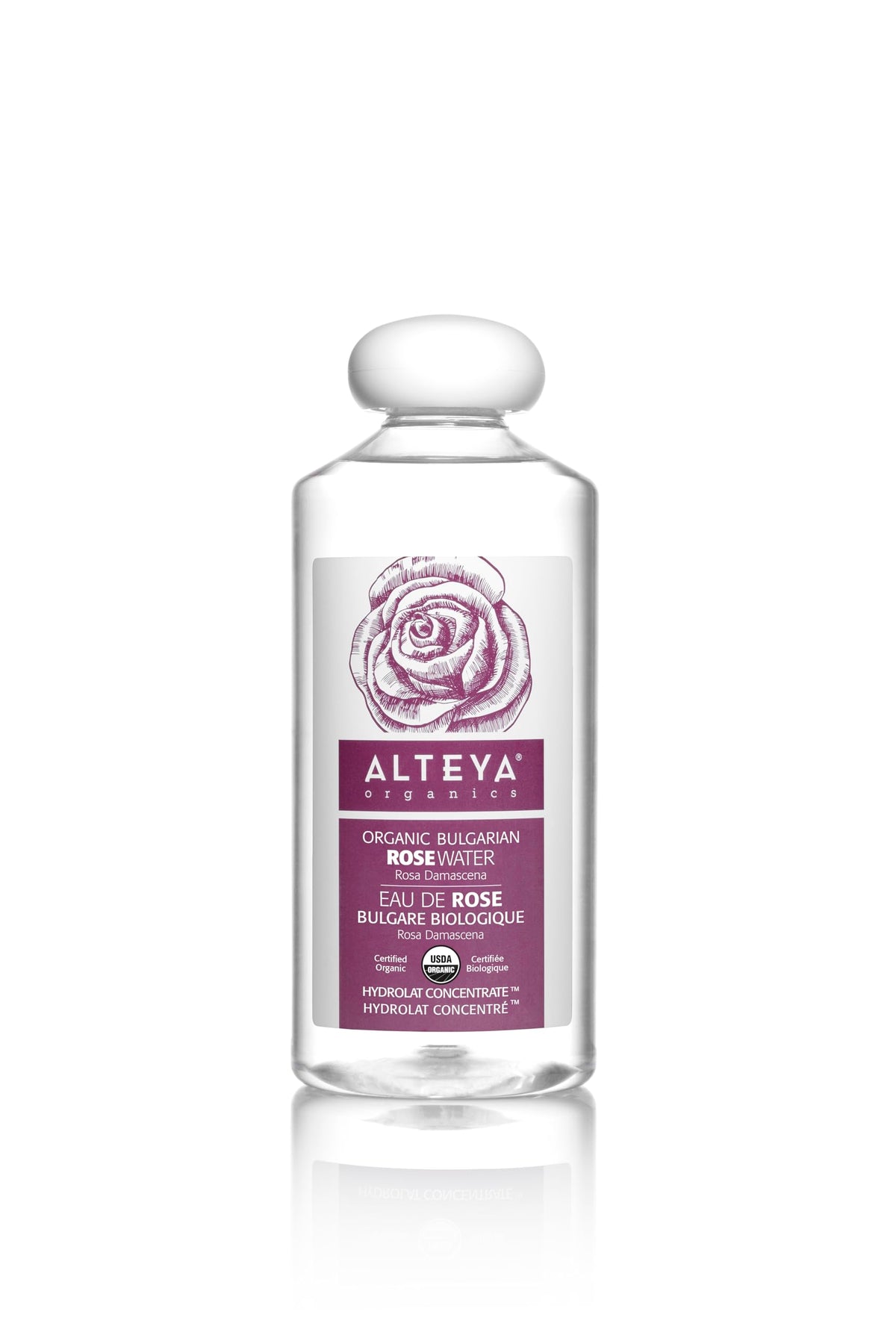 Alteya Organics front bottle view showing label and size, highlights purity and organic certification