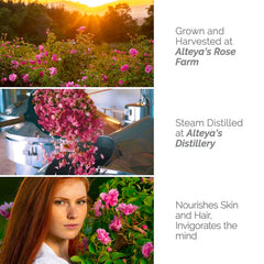 Alteya Organics rose water in palm showing clear texture, indicates lightweight hydrating feel