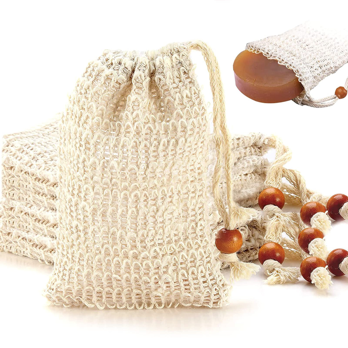 AMAHOMESA front packaging showing eight natural sisal soap bags and eco benefits